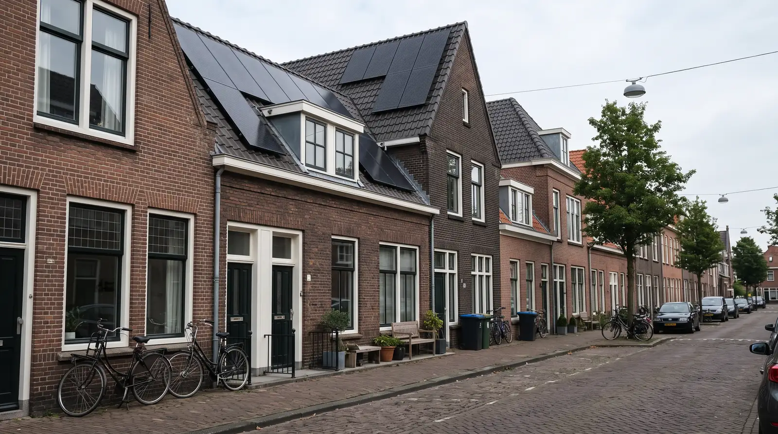 Zonnepanelen op een rij rijtjeshuizen